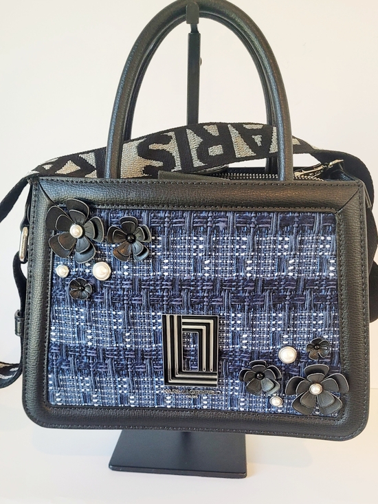 Karl Lagerfeld Handbags - Karl Lagerfeld Navy Tweed with Black Leather Trim and Floral Appliqués
